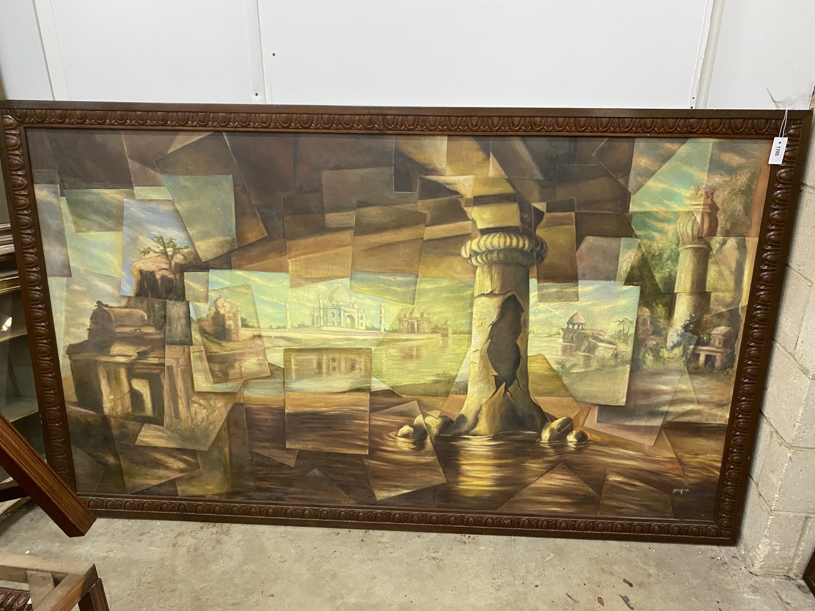 20th century Indian School, oil on canvas, Classical ruins and buildings, 210 x 119cm